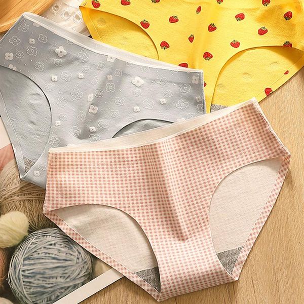 

women's panties bzel cute strawberry breathable seamless underwear plaid cotton briefs female mid waist underpants cozy lingerie, Black;pink