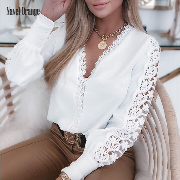 

women's blouses & shirts women slim v-neck lace pullover spring autumn pental sleeve ladies blouse solid casual streetwear sweatshirts, White
