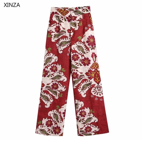 

women's pants & capris women linen print red vintage high waist loose wide legs woman chic front zip side pockets casual trousers, Black;white