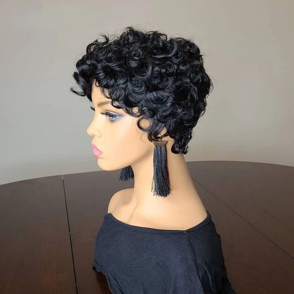 Short Curly Brazilian Human Human Wig Natural Cor Preto Bob Nenhum Laço Perucas dianteiras para Mulheres 150 densidade Diário desgaste