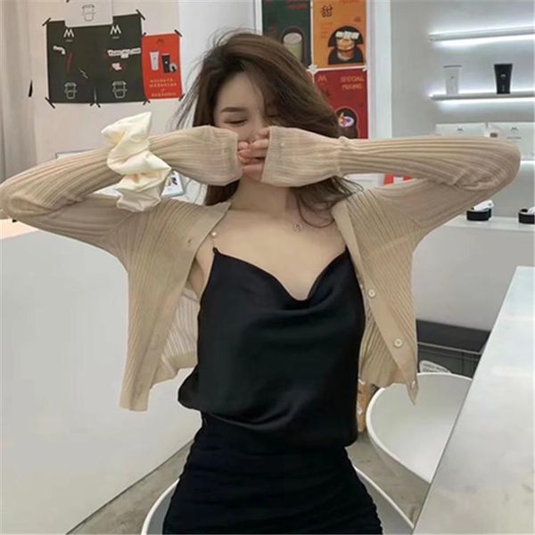 

casual dresses sdp6735 temperament lightweight breathable sunscreen cardigan 2021 early autumn gentle lady single breasted top, Black;gray
