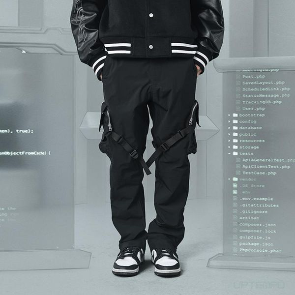 

men's pants enshadower 21 paratrooper cargo-pants wide side pockets straps techwear aesthetic warcore punk, Black