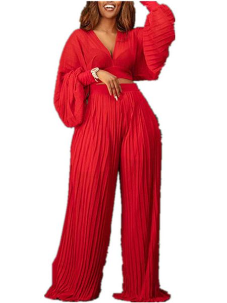 

women's two piece pants women elegant loose suits long sleeve v neck crop & wide leg pleated set, White