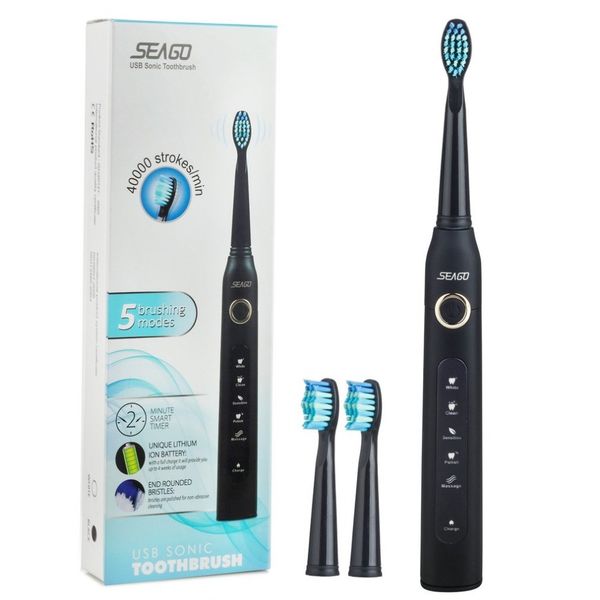 

seago sg-507 usb rechargeable electric toothbrush waterproof deep clean teeth brush 2 replacement heads 5 cleaning modes 210310
