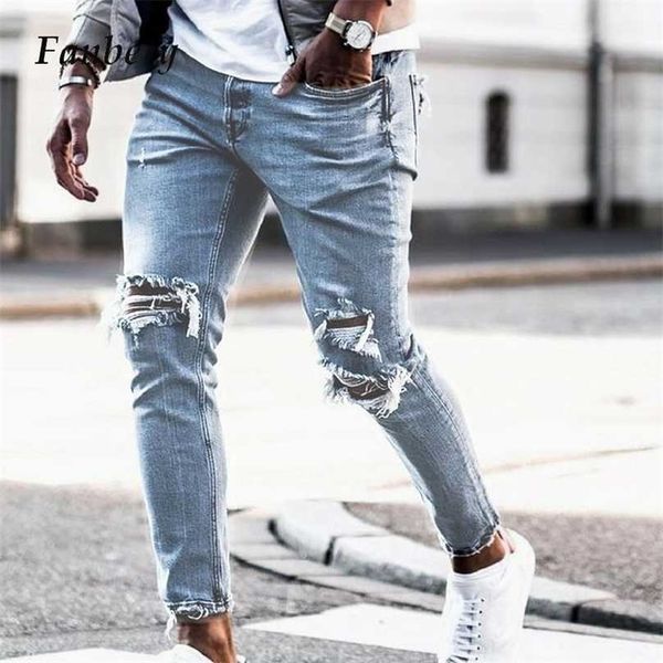 Sommer Männer Stretchy Zerrissene Dünne Denim Hosen Casual Solide Jeans Zerstört Loch Geklebt Männliche Große Taschen Slim Fit Bleistift Hosen 211111