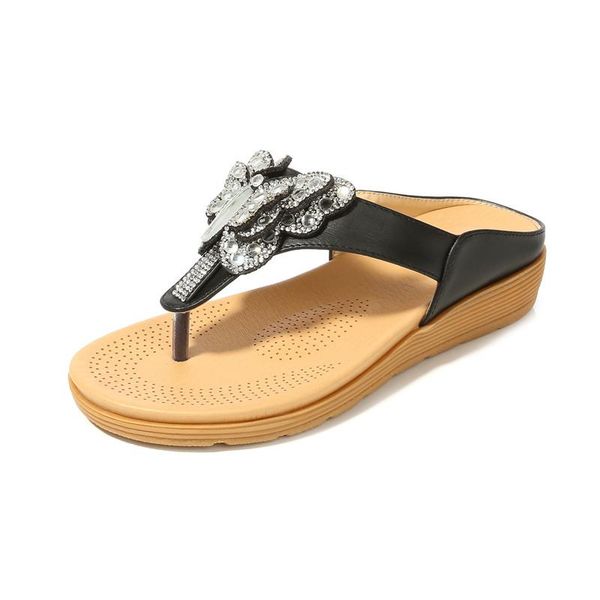 

ladies sandals 2021 summer new bohemian fashion heavy-bottomed rhinestone butterfly beach slippers, Black