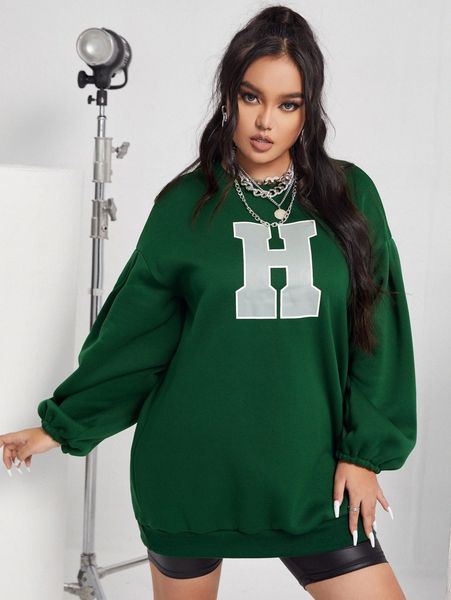 

plus letter graphic drop shoulder sweatshirt l90i#, Black