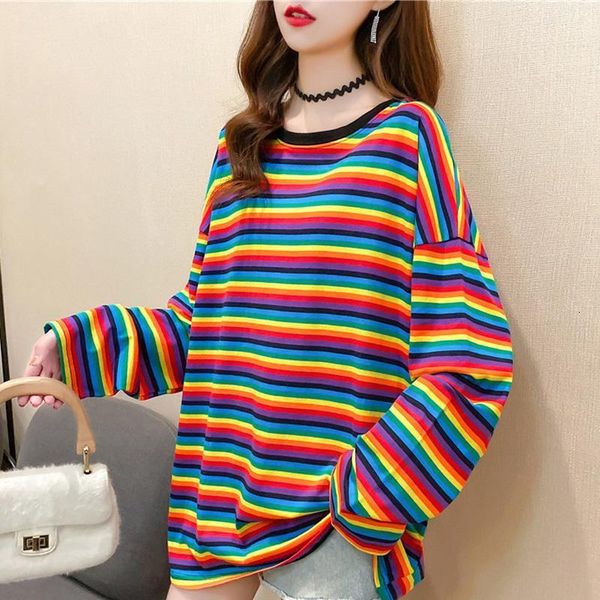 

fashion women rainbow striped oversize t shirt autumn long sleeve loose t-shirts female casual korean streetwear long tees, White