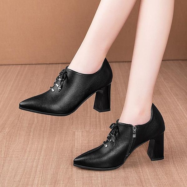 

dress shoes deep mouth single women spring and autumn pointed high heels fashion thick heel buckle women's, Black