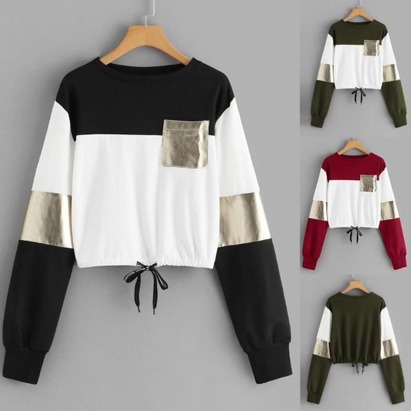 

women's hoodies & sweatshirts fashion women casual o-neck long sleeve bandage patchwork pocket sweatshirt autumn female jacket coat, Black