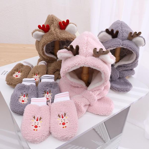 

hats, scarves & gloves sets 3 piece winter warm deer printing ear cute elk antlers baby scarf hat warmer children boys girls cap christmas g, Blue;gray