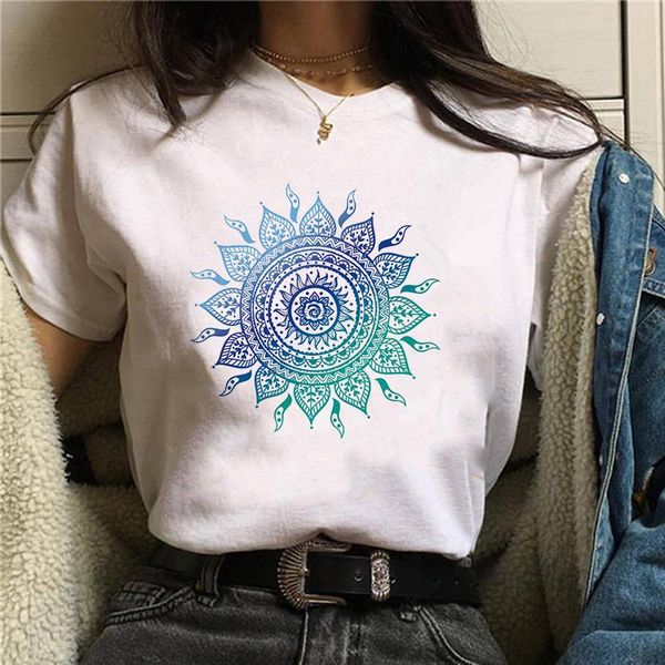 

women's t-shirt mandala flowers stripes thermo funny women girl summer 90s print tee,drop ship, White