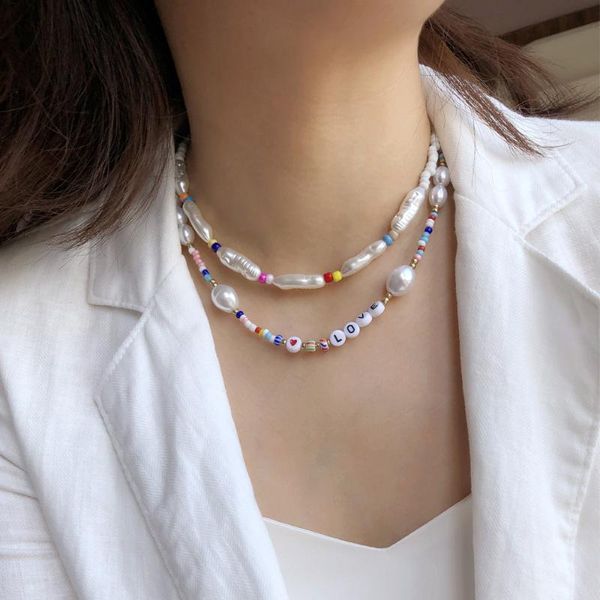 

chains geometry handmade beaded combination pearl color rice beads letter love necklace for women party wholesale, Silver