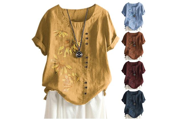 

women's t-shirt 2021 casual sunflower print short sleeve high heel summer (), White