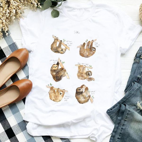 

women lady floral flower sloth cartoon animal printing print tshirt female t tee womens shirt clothes graphic t-shirt, White