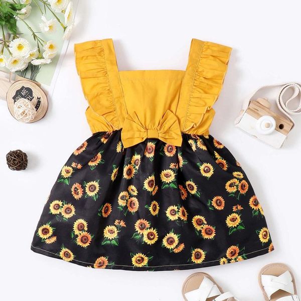 

girl's dresses toddler kids baby girls summer sleeveless square neck sunflower print dress born infant clothes clothing, Red;yellow
