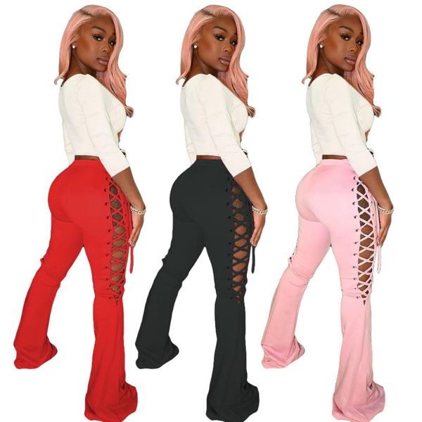 

adogirl high waist lace up side hollow out flare bellbottom pants solid color classic streetwear fashion slim legging trousers, Black;white