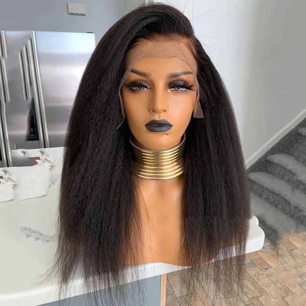 

lx brand middle part 180% density soft yaki black 26 inch long kinky straight lace front wig for women synthetic babyhair daily cosplayfacto