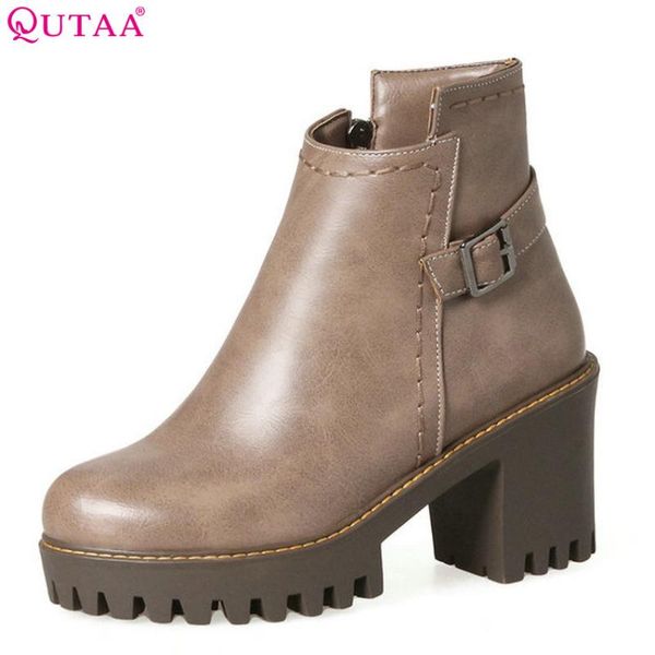 

boots qutaa 2021 women ankle fashion short plush zippersquare high heel shoesspring and autumn ladies size 34-43, Black