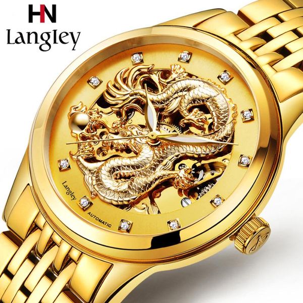 

wristwatches luxury brand dragon design automatic watch men skeleton gold full stainless steel wristwatch mechanical steampunk, Slivery;brown