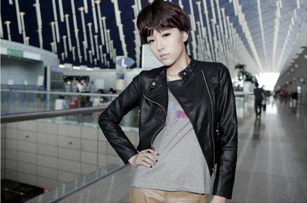 

women's leather & faux jacket winter jackes ladies short pu l-xxl women fashion slim motorcycle washed #78771, Black