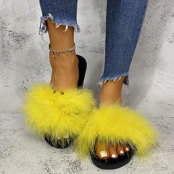 

slippers rimocy soo fluffy slides women comfortable flat heel yellow fur warm woman fashion cotton indoor shoes flip flops mujer, Black
