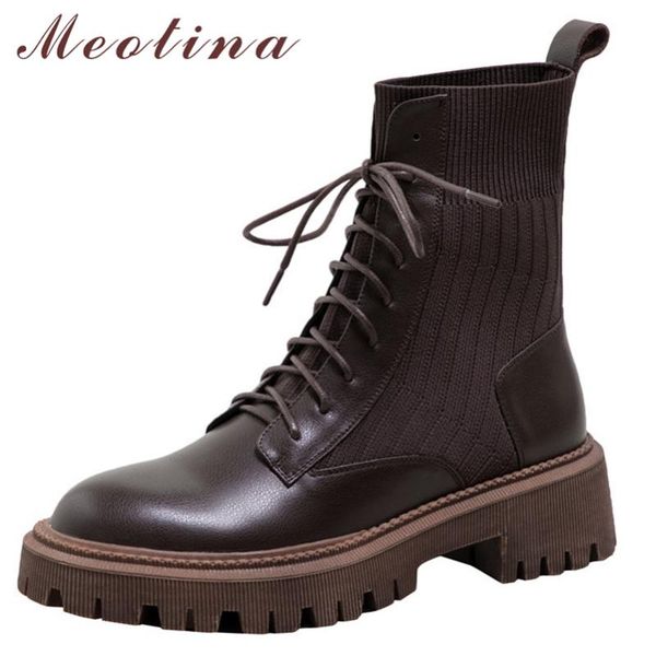 

boots meotina women shoes genuine leather ankle thick high heel platform round toe ladies autumn winter black 40