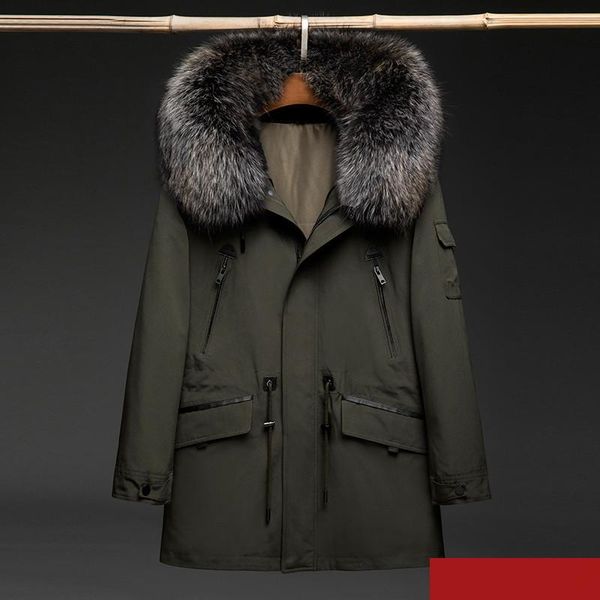 

men's leather & faux real fur parka men natural liner winter coat raccoon collar hooded parkas for mens clothing 1808-5 yy802, Black