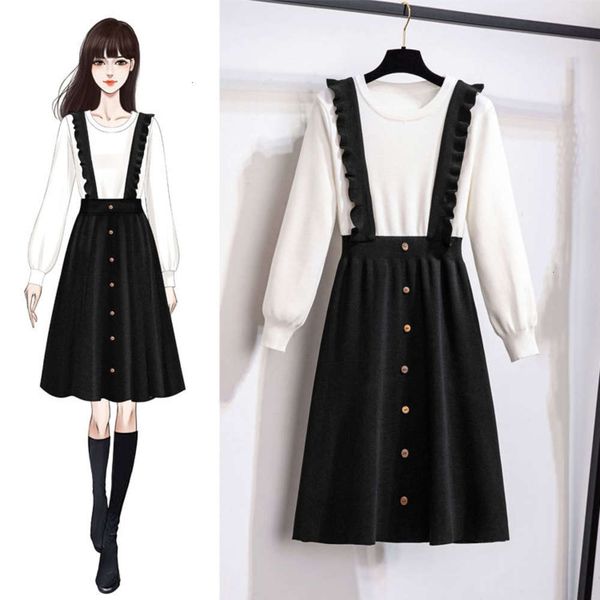 

light luxury style sister spring fat and foreign autumn age new reduction waist show thin fake two-piece strap dress, Black;gray