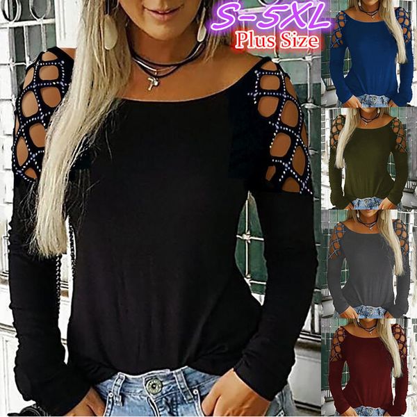 

tees women's t-shirt2021 summer and autumn fit round neck rivet drill hollow out long sleeve t-shirt, White