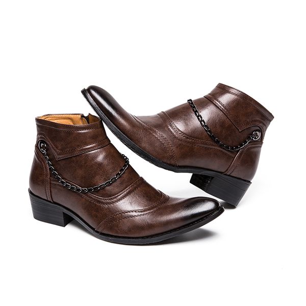 

Mens Cap Toe Ankle Lace-up Dress Combat Motorcycle Boots Autumn Leather Zipper Brown Male Booties Non-slip Flats, Black