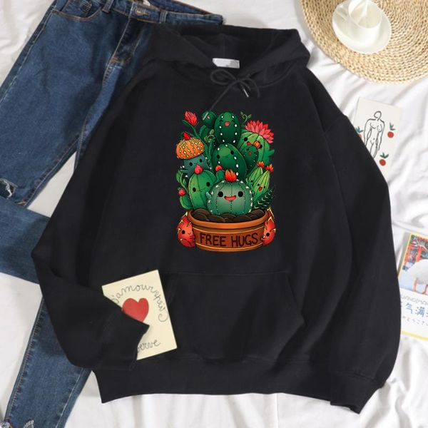 

women's hoodies & sweatshirts cute plant cactus hugs print hooded womens casual fur-liner hip hop s-xxl hoodie autumn men, Black
