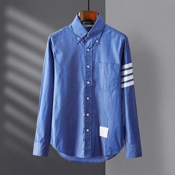 

men's and women's 2021 new tb chambray long sleeve denim blue four bar men's casual korean loose shirt, White;black