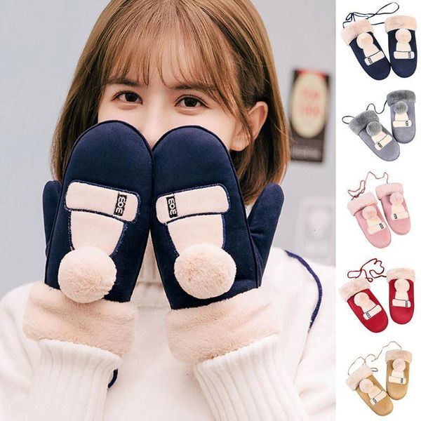 

winter warm soft fur knit mittens women flip half finger driving gloves plush thick cute little hat screen gloves #yj, Blue;gray