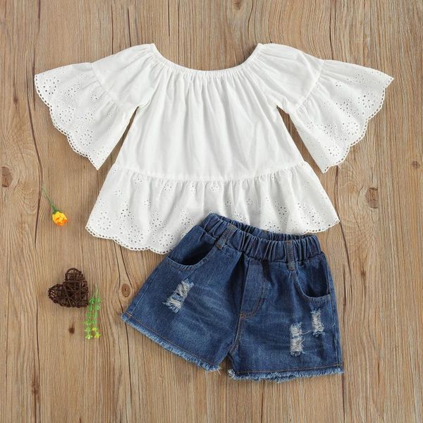 

clothing sets 1-7years fashion kids girls outfits set ruffles sleeve solid color shirt and ripped denim short pants summer suit, White