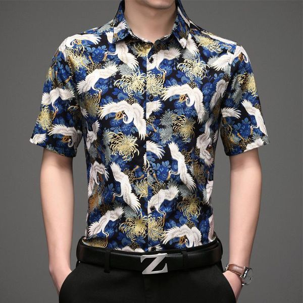

men's casual shirts 2021 luxury print for short sleeve slim fit dress shirt social party male clothing street wear chemise homme, White;black
