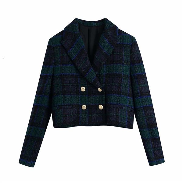 

women's jackets stylish lady plaid green za tweed short outwear women fashion double breasted long sleeve thick spring jacket chic, Black;brown