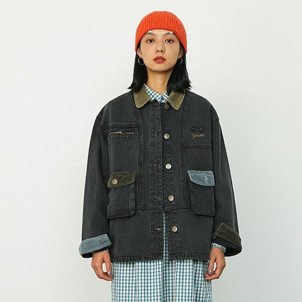 

high-quality loose design women grey denim jacket long sleeve thick cartoon colour block patch female jean coat autumn spring women's j, Black;brown