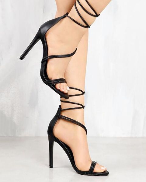 

dress shoes summer peep toe strappy lace up heeled sandals solid color patchwork high, Black