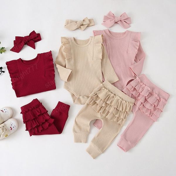 Girl Roupas Conjunto de Manga Longa Cor Sólida Rufles Romper + Calças + Headband Outono Algodão Macio Crianças Roupas 3 peças Sets 0-24 meses