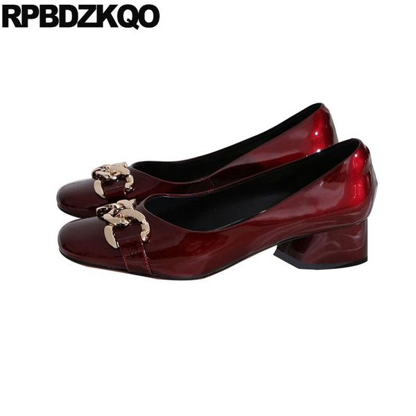 

dress shoes pumps ladies slip on square toe medium heels thick italian 2021 patent leather size 4 34 genuine wine red chunky block, Black
