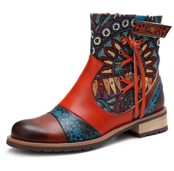 

boots vintage ladies fashion pu fringed cross tied print patchwork zipper low heel women's ankle floral bohemian, Black