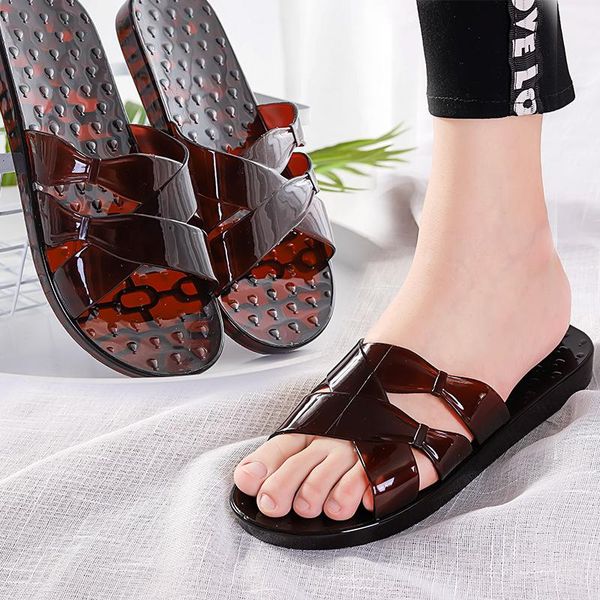

women's slippers for the summer pvc non-slip bath slippers solid color soft flat shoes bow-knot home, Black