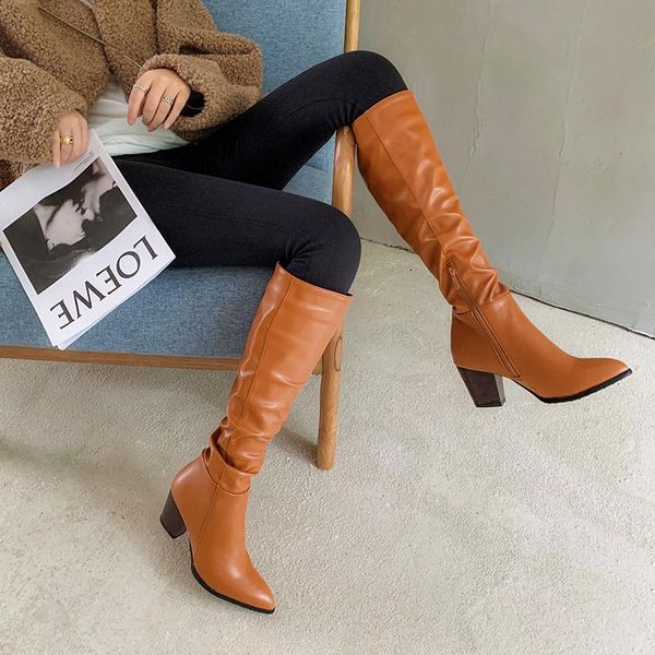

boots 2021 cowboy western knee high women pointed toe pleated european style autumn winter long thick heels woman, Black