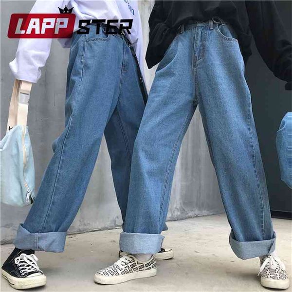 Pantaloni da jeans in vita a vita alta di Lappster per Harajuku Denim Harem Ladies Wide Leg Blue 210629