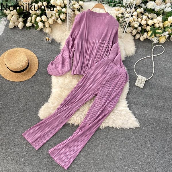 

women's two piece pants nomikuma korean fashion 2piece sets pleated lantern sleeve o-neck causal blouse + high waist long 2021 suit 6f, White