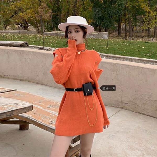 

women's sweaters off shoulder sweater women winter 2021 fashion high collar buttons belt hollow out pullover solid color casual knitwea, White;black