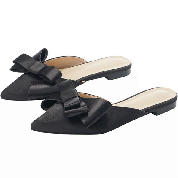 

newdiscvry 2021 pointed toe half slippers female summer fashion wear new bow low lazy flat bottom sandals women's shoes, Black