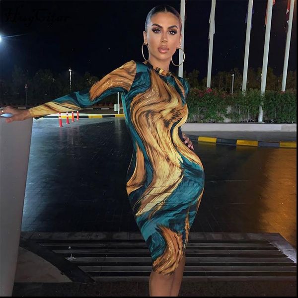 

2021 long sleeve print bodycon dress autumn winter women party elegant slim christmas club outfits, Black;gray