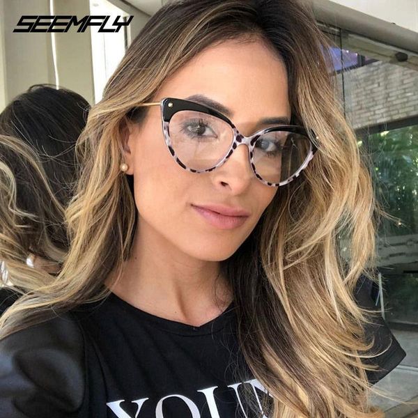 

fashion sunglasses frames seemfly tr90 women cat eye glasses ultralight luxury style optical computer goggle retro spectacle eyewear, Black